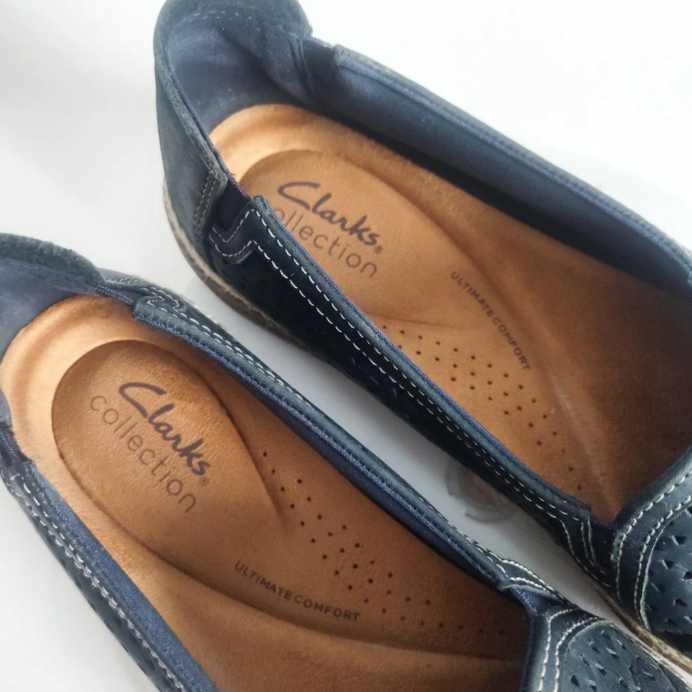 Clarks Comfort Flats Size 8 M Navy Perforated Leather Espadrille Slip On Comfort